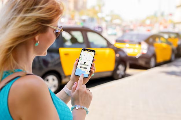 Woman using a phone with a map on the screen and a blurry line of taxis in the background.