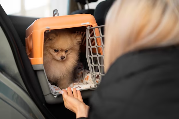 A woman encouraging a dog to come out of a cage inside a car.